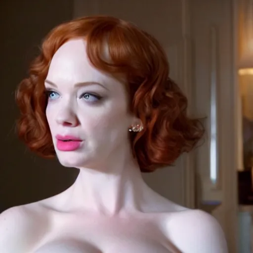 Image similar to amazing beautiful Christina Hendricks with huge puffy lips in the living room, film still from the movie directed by Denis Villeneuve , wide lens