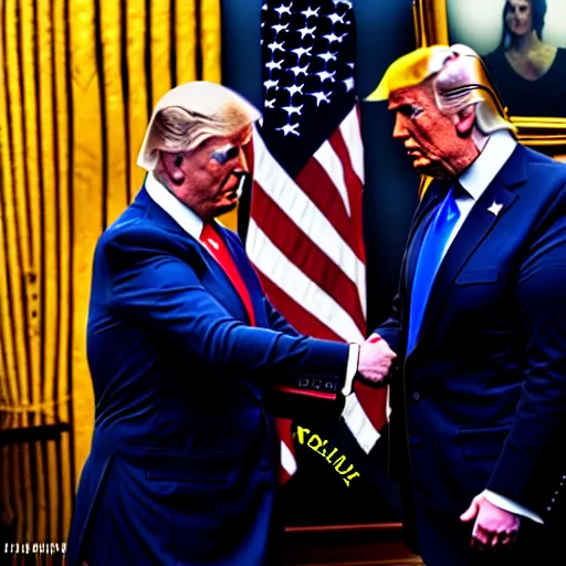 Image similar to joe biden handshakes donald trump ultra realistic, lens flare, atmosphere, glow, detailed, intricate, full of colour, cinematic lighting, trending on artstation, 4 k, hyperrealistic, focused, extreme details, unreal engine 5, cinematic, masterpiece, ultra realistic, hyper realistic, highly detailed, sharp focus, digital art