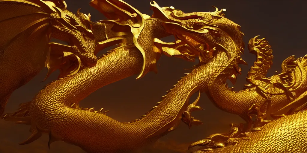 Image similar to golden dragon, unreal 5, hyperrealistic, realistic, photorealistic, dynamic lighting, highly detailed, cinematic landscape, studio landscape, studio lighting