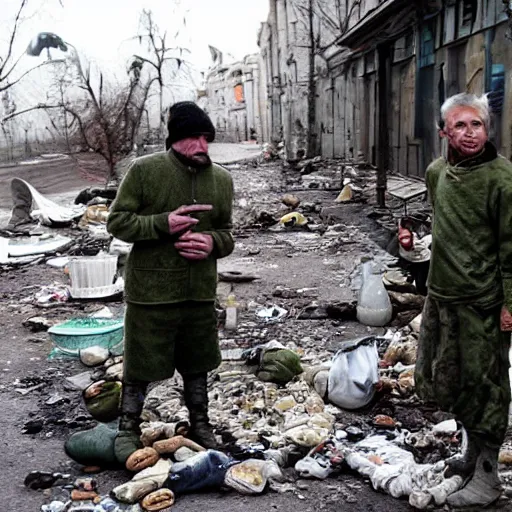 Prompt: ukraine after nuclear war, beggars hungry scary bums and devastation