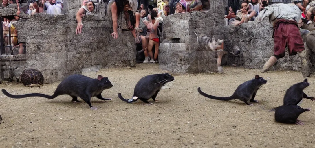 Prompt: rats vs cats as gladiators fighting in gladiator arena