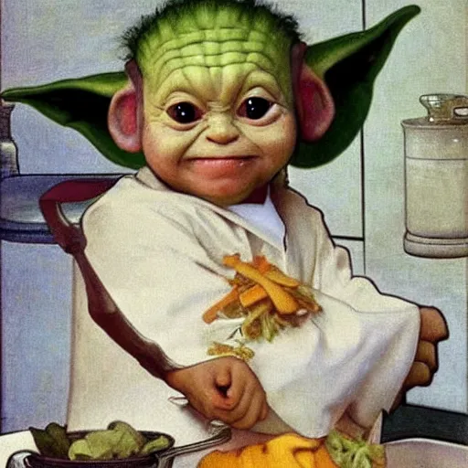 Image similar to baby yoda as a chef wearing a white apron and wearing a white chef's hat, by Jan van Eyck, by alphonse mucha