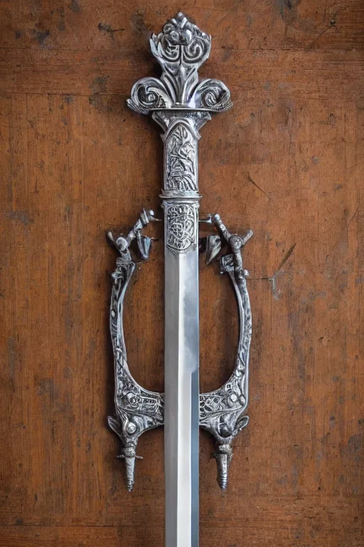 Image similar to sword of justice hanging on a wall, ornate gem in pommel, engraved blade, above a table