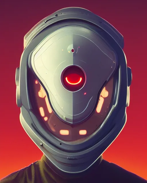 Image similar to portrait of sentient machine with oval helmet with a red chip on left side, by greg rutkowski, wlop, beeple, dan mumford, octane render, trending on artstation, symmetrical artwork. cinematic, key art, hyperrealism, high detail, 8 k