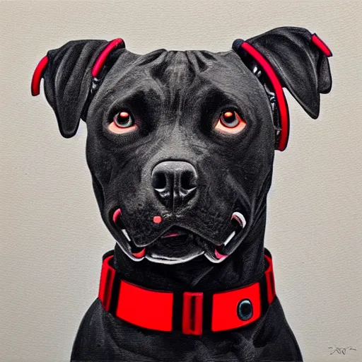 Prompt: painting of a black cyborg pitbull lab wearing thin red dog - collar, hyper detailed, robot, wires, lights, thin brush strokes, oil painting