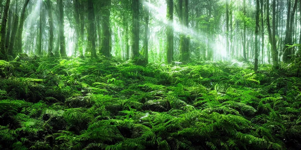 Image similar to deep lush forest floor with dark green and blue ferns and moss, droplets of crystal clear water on the leaves, rays of sunlight coming through the clouds after rain, magical fairytale, sparkling particles, magical dust, glitter shimmering in the light