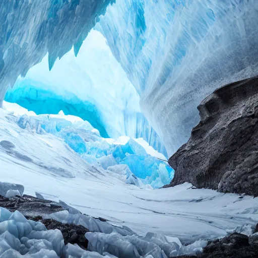 Image similar to dark glacier cave with a glowing spike of ice in the center, surreal,