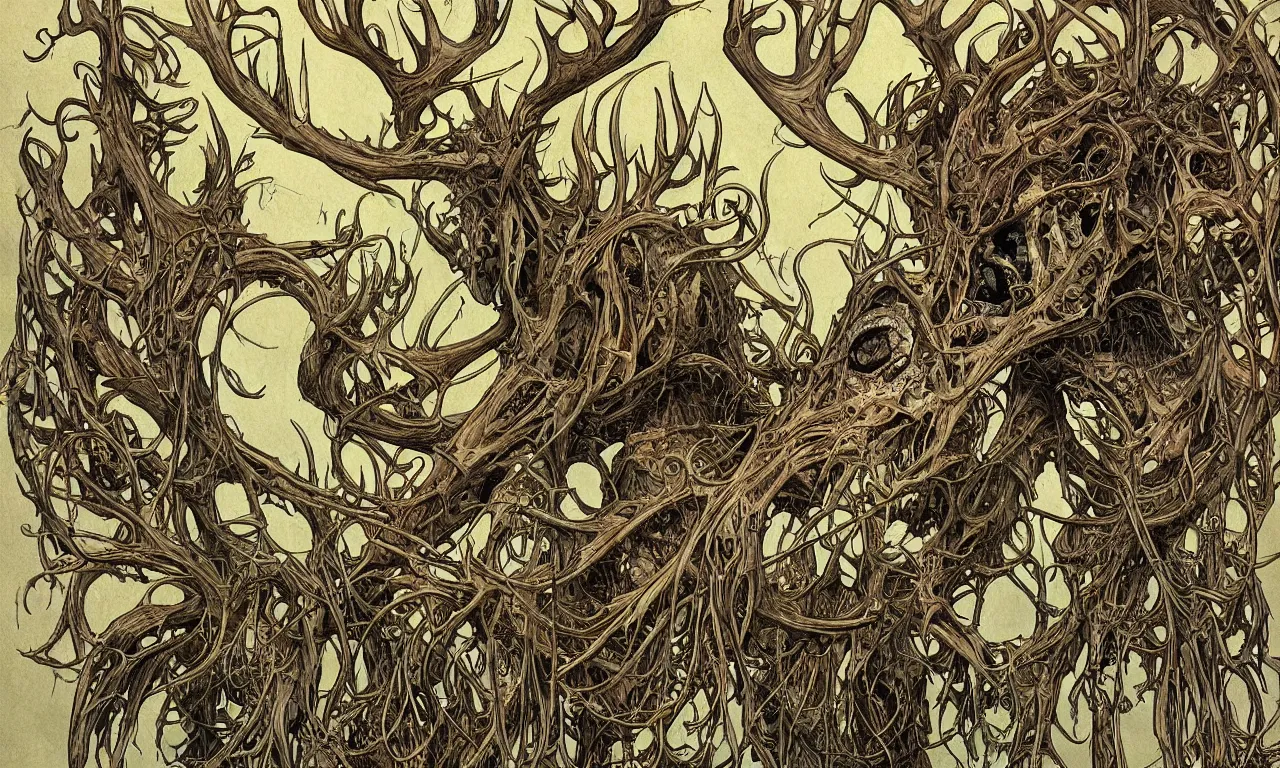 Prompt: hyperdetailed art nouveau portrait of treebeard as a cthulhu eyeball moose skull wendigo cryptid monster, by geof darrow, simon bisley and bill sienkiewicz, grim yet sparkling atmosphere, photorealism, claws, skeleton, antlers, fangs, forest, wild, bizarre, horror, lynn varley, lovern kindzierski, steve oliff