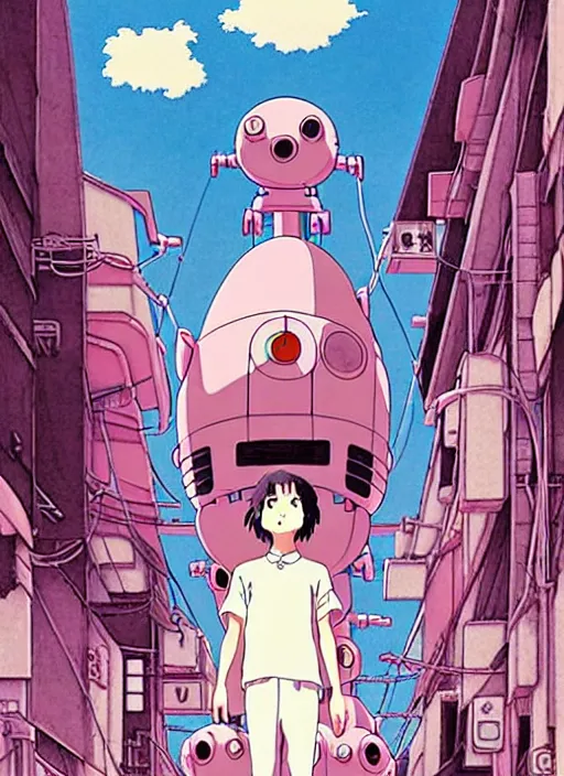 Image similar to a movie poster for a studio Ghibli film based on the song Yoshimi battles the pink robots, part 1. by the band the flaming lips; artwork by Hiyao Miyazaki and studio Ghibli; a Japanese girl is fighting a gigantic evil Pink Robot in an alley in Tokyo; incredibly detailed artwork by James jean, Phil noto, Jon Foster, studio Ghibli