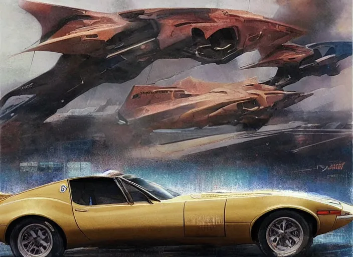 Prompt: ( ( ( ( ( 1 9 8 2 pontiac trans am, jaguar e - type, car concept art, sci - fi illustration, painting ) ) ) ) ) by vincent di fate and john berkey and blade runner 2 0 4 9 and mad max fury road!!!!!!!