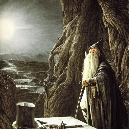 Image similar to the evil ian mckellen smithing on an anvil as gandalf in a dark viking hood playing odin all father crafting the bright sphere of life on an anvil, highly detailed, cinematic shot, cinematic lighting, 8 k, exquisit facial detail, colored painting by gustave dore and artemisia gentileschi, chiaroscuro, dark painting.