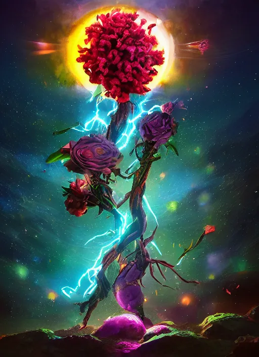 Image similar to An epic fantastic realism comic book style painting of the most beautiful entwined flowers launched across the dark galactic night sky, nebulous bouquets, fisheye, lightning creating life, unreal 5, DAZ, hyperrealistic, octane render, dynamic lighting