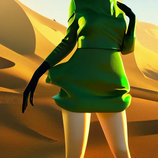 Prompt: innovative avant-garde art, deco fashion, attractive women, wearing green, highly detailed, photorealistic portrait, serene desert setting, golden hour, crisp quality and light reflections, unreal engine 5 quality render