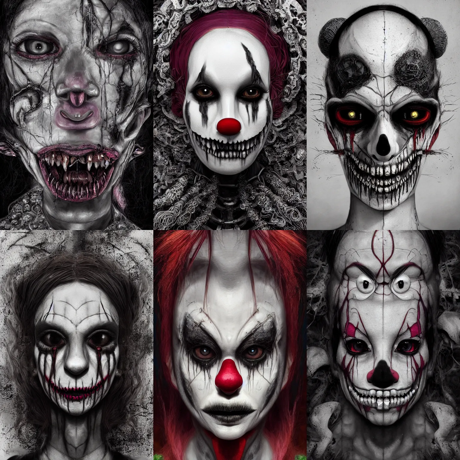 Image similar to portrait of a creepy girl clown skull. intricate abstract. intricate artwork. nightmare fuel. terrifying. by Tooth Wu, wlop, beeple, dan mumford. octane render, trending on artstation, greg rutkowski very coherent symmetrical artwork. cinematic, hyper realism, high detail, octane render, 8k, iridescent accents, black and white