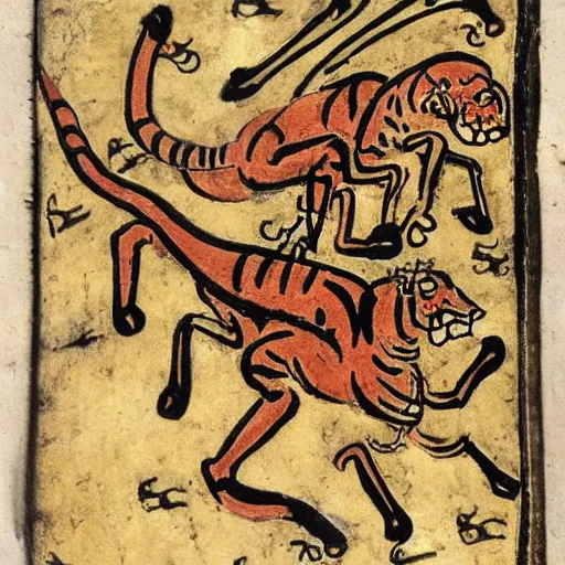 Image similar to tiger fire with many legs flying in a medieval manuscript, medieval manuscript, golden miniatures