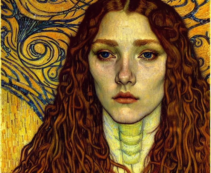 Image similar to detailed realistic beautiful young medieval queen face portrait by jean delville, gustav klimt and vincent van gogh, art nouveau, symbolist, visionary, gothic, pre - raphaelite, muted earthy colors, desaturated