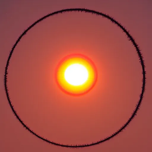 Image similar to round sun, redpink sunset, ethereal abstract, diffused, natural geographic photography, centered, symmetrical, iconic
