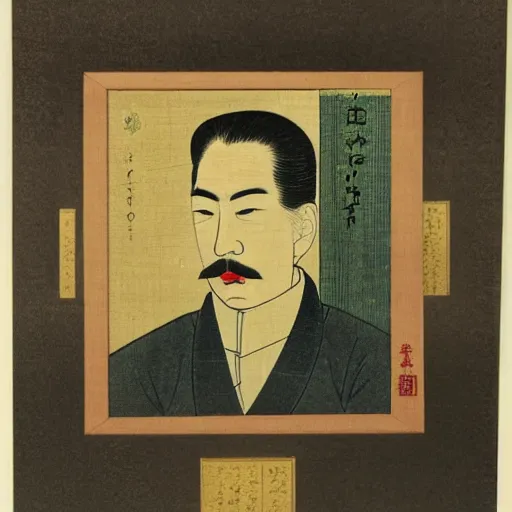 Image similar to portrait of japnese emperor hirohito, japanese woodblock print