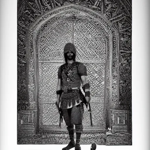 Image similar to “ full body, afghan warrior, an afghan male type, standing in - front of god ’ s house, highly intricate detailed, light and shadow effects, intricate, highly detailed, digital painting, art station, concept art, smooth, sharp focus, illustration, advanced digital art, atmospheric lighting, detailed face, 8 k, hq ”