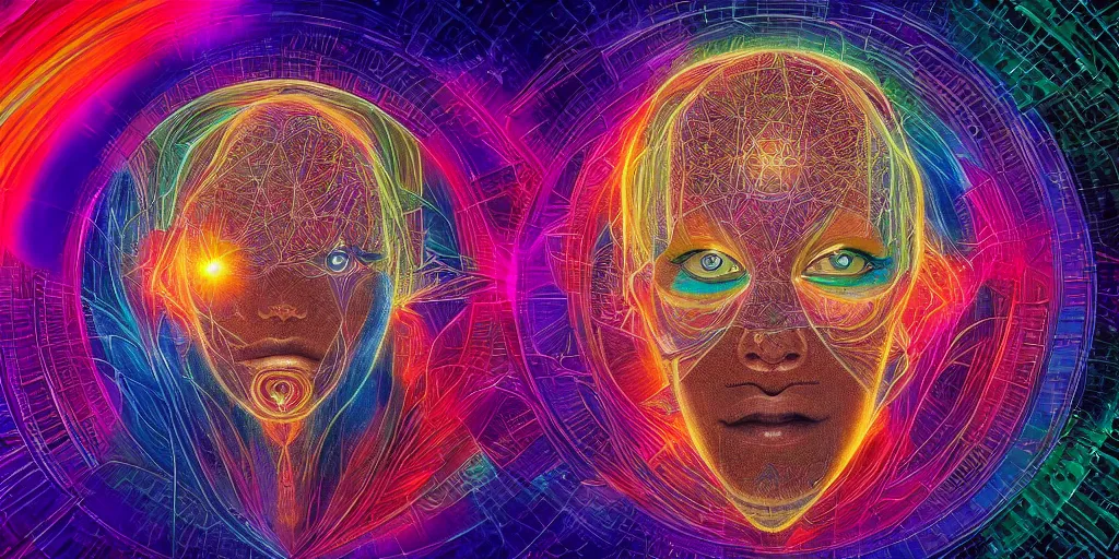 Image similar to trasnformation into transcendence into collaborative intelligence, endless collaboration with ai, connectedness, body, by alex grey, album cover, award winning, beautiful, colorful, volumetric lighting, trending on artstation, cinematic