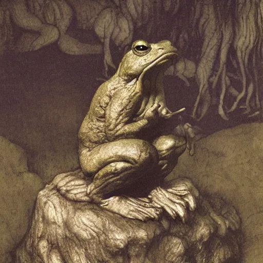 Prompt: toad philosopher toad in a pose The Thinker, swamp, toad by Auguste Rodin, illustrations by irish fairy tales james stephens arthur rackham, fairy tale illustrations, top cinematic lighting , symmetric, very detailed, shot in canon, 8k, high resolution