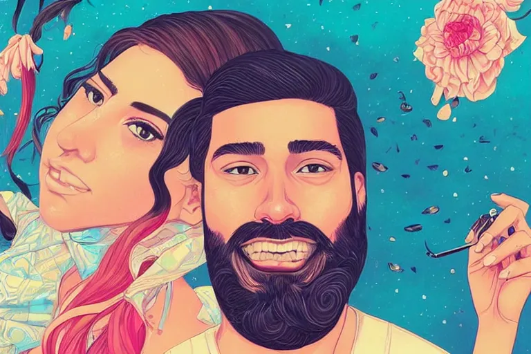 Image similar to a hispanic white girl with medium length 4 b hair, and a short - bearded mixed race man with short 4 a hair, in love selfie, tristan eaton, victo ngai, artgerm, rhads, ross draws