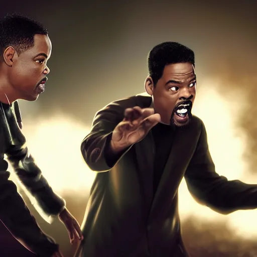 Image similar to chris rock is fighting with will smith on his face, shadow harsh lights, dramatic scene, hyper detailed, digital art, trending in artstation, cinematic lighting, studio quality, smooth render, unreal engine 5 rendered, octane rendered, ligh rim