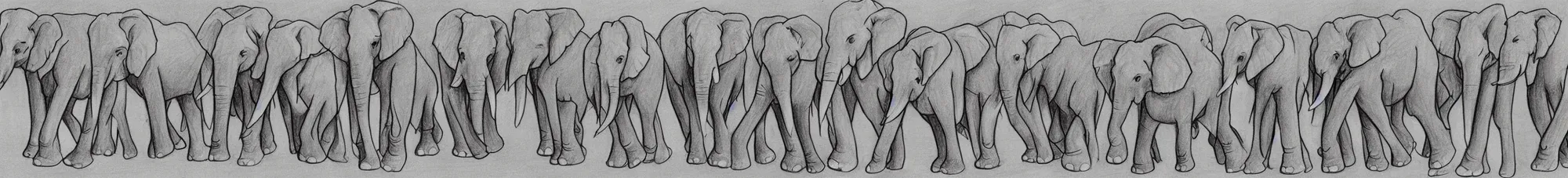 Prompt: a drawing of a line of elephants holding each other's tails touching trunks touching tails single file