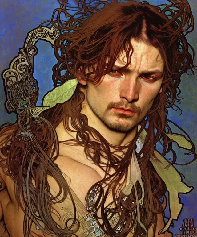 Prompt: realistic detailed face portrait of a rugged handsome beast shaman by alphonse mucha, ayami kojima, amano, greg hildebrandt, and mark brooks, male, masculine, art nouveau, neo - gothic, gothic, character concept design
