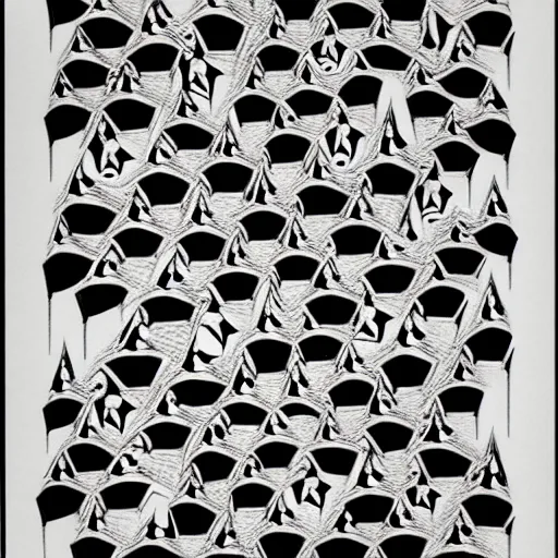 Prompt: white wolves transitioning into black geese by mc escher, aerial view, scared black geese flying, angry white wolves with teeth, hexagonal pattern, intricate details, ink shading, ink dots, mathematical interlocking, screen print, frameless