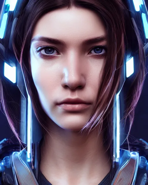 Image similar to a portrait of a beautiful 28th century cyberpunk female very young with long hair, largely biomechanical, hyper-realistic, very detailed unreal engine, by Artgerm, WLOP and Ross Thran, dramatic cinematic lighting rendered by octane, 8k, detailed, trending on artstation, deviantart, google images, pinterest