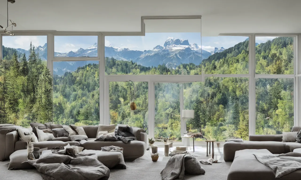 Image similar to fantastical living room with switzerland landscape in the window