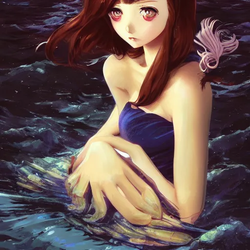 Image similar to A potrait of a covered mermaid with big and cute eyes, fine-face, realistic shaded perfect face, fine details. Night setting. Very anime style. Realistic shaded lighting poster by Ilya Kuvshinov katsuhiro, magali villeneuve, artgerm, Jeremy Lipkin and Michael Garmash, Rob Rey and Kentarõ Miura style, trending on art station