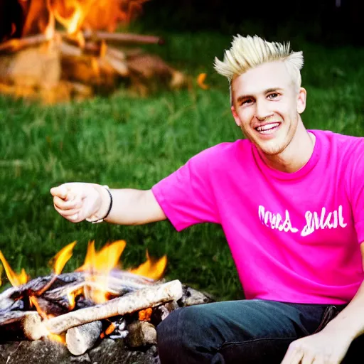 Image similar to flash photography polaroid of a young man with blonde hair sitting by a campfire nearby, smiling at the camera, wearing a pink t-shirt, retro 90s photograph, image artifacts