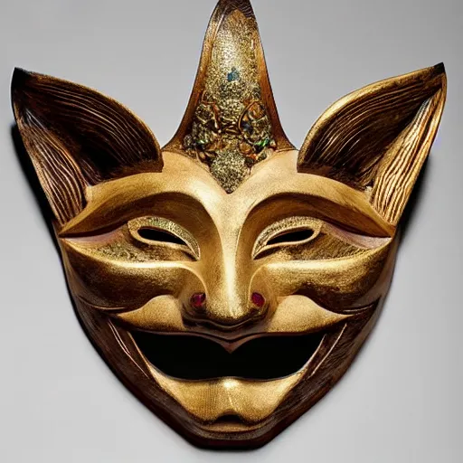 Prompt: a beautiful kitsune mask carved in wood with some gold leaf accents, made by tiffany & co