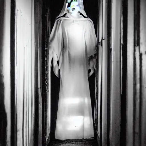 Prompt: creepy ghost woman in a corset standing at the end of a dark hallway