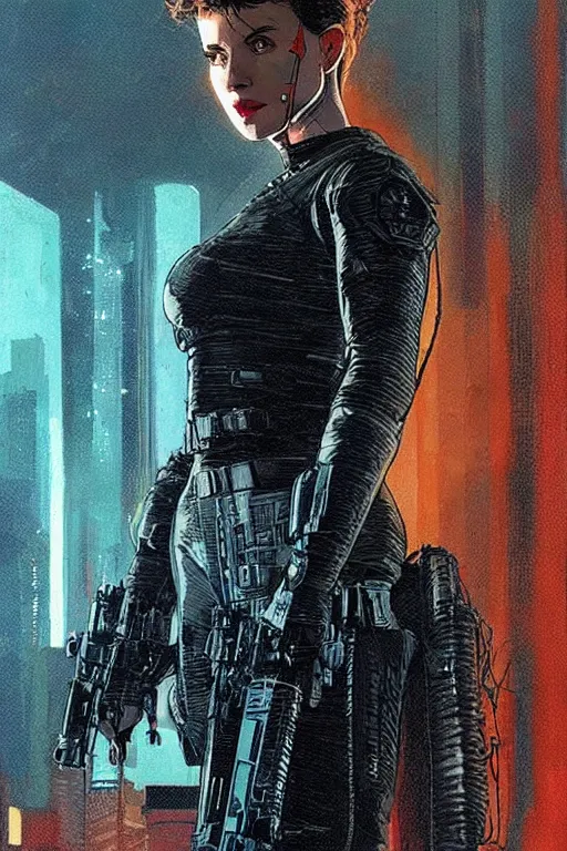 Image similar to selina kyle. blackops mercenary in near future tactical gear, stealth suit, and cyberpunk headset. Blade Runner 2049. concept art by James Gurney and Mœbius.