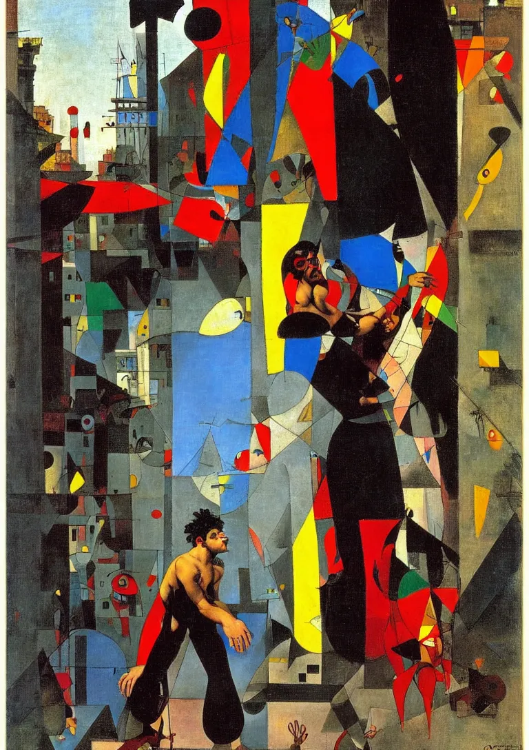 Image similar to a punk latino greek god searching for a watchful light through the streets of a city, complementary color scheme, by george luks, joan miro and moebius