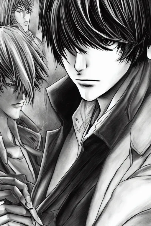 Image similar to light yagami, god of the new world, highly detailed, digital art, sharp focus, trending on art station, death note