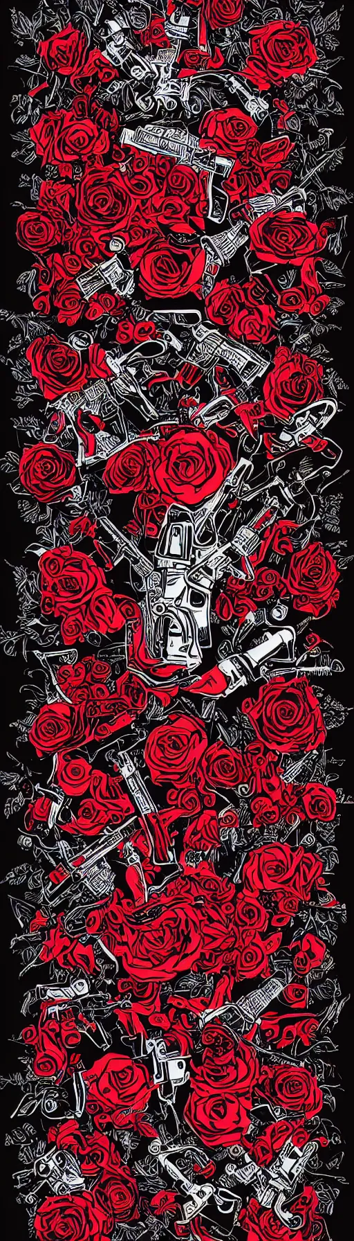 Image similar to guns and roses on a crimson and black background, intricate illustration