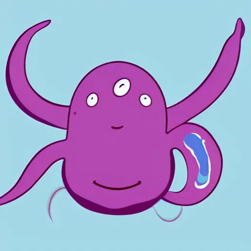 Image similar to a cute illustration of a smiling blobby squid jelly creature with three eyes, two horns on top of his head