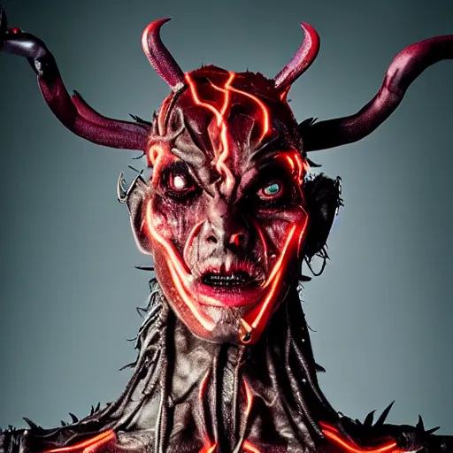 Prompt: a demon inspired by wires created by the make up artist hungry, photographed by andrew thomas huang, cinematic, expensive visual effects