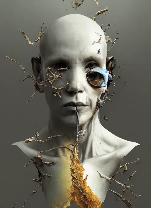 Prompt: bust, technology vs nature, split in half, falling out of the face, the truly amazing part about this is that it increasingly appears our cortical evolution reflects this emergent tension, photorealistic by michael komarck, greg rutkowski, victo ngai, artgerm, willem claesz heda and j. dickenson