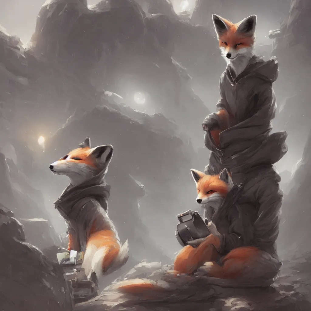 Image similar to an anthropomorphic fox in a hoodie sitting in front of a portable black computer, white background, concept art, digital painting, highly detailed, style of by Jordan Grimmer and greg rutkowski, illustration