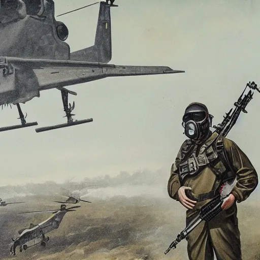 Image similar to american officer in gas mask and cap stands near a military attack helicopter, intricate, defined, grim environment, artwork