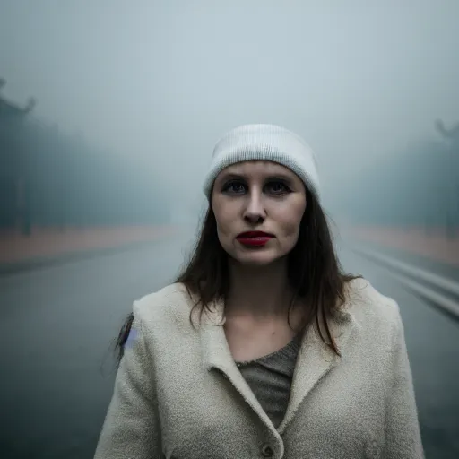 Prompt: woman with white hait in an industrial soviet city, air pollution, fog, dslr 5 0 mm portrait photo