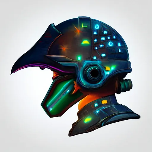 Image similar to cyberpunk helmet in the shape of a bird with stickers, a beak, glowing leds, no reflections, concept art, artstation, high details, stickers