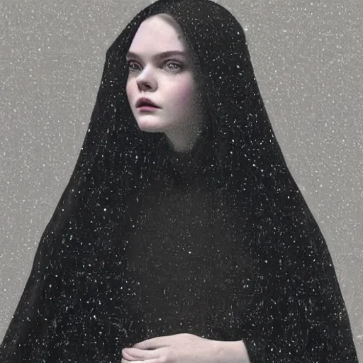 Image similar to Elle Fanning wearing black cultist robes in the style of Paola Vetri, a fire burns on the beach, head and shoulders portrait, stormy weather, extremely detailed masterpiece, oil on canvas, low-key neon lighting, artstation, Blade Runner 2049, Roger Deakin’s cinematography, by J. C. Leyendecker and Peter Paul Rubens and Edward Hopper and Michael Sowa,