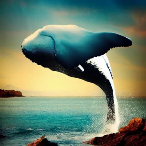 Image similar to photomanipulation of a huge whale that has tiny fairy wings