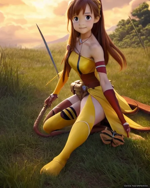 Image similar to weta disney pixar movie still pinup photo of asuna from sao : : as sunburnt tatoo cowgirl bumblebee woman by pixar : : by weta, greg rutkowski, wlop, ilya kuvshinov, rossdraws, artgerm, marvel, maxim cover, latex, octane render, sweaty, iridescent, bright morning, anime, liosh, mucha : :